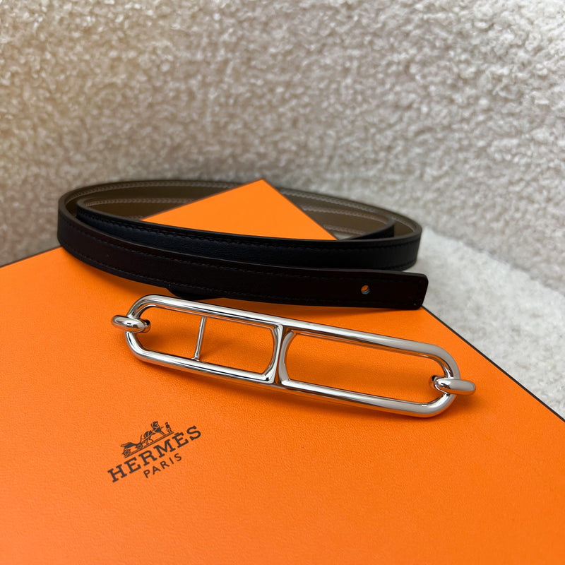 Hermes Roulis Belt Buckle and Reversible Leather Strap in Noir / Etoupe and PHW Sz 80 (78-81cm)