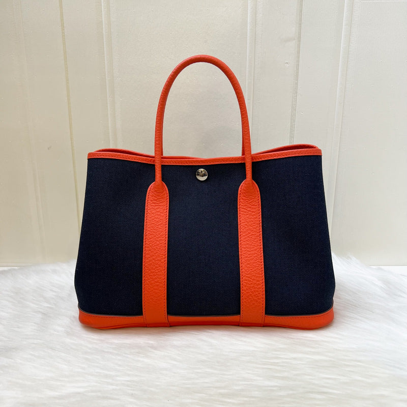 Hermes Garden Party 30 in Bleu Marine Canvas, Poppy Leather and PHW