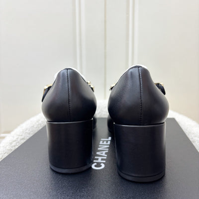 Chanel 24A Mary Janes with Gold Charms and Buckle in Black Lambskin and AGHW Sz 37.5
