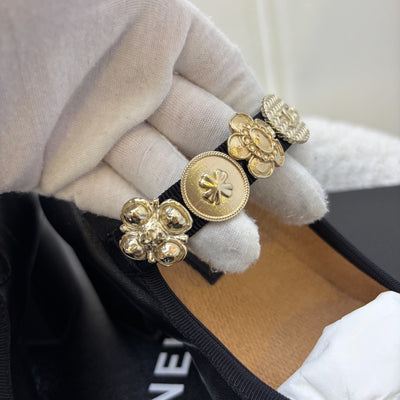 Chanel 24A Mary Janes with Gold Charms and Buckle in Black Lambskin and AGHW Sz 37.5