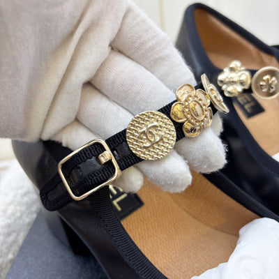 Chanel 24A Mary Janes with Gold Charms and Buckle in Black Lambskin and AGHW Sz 37.5