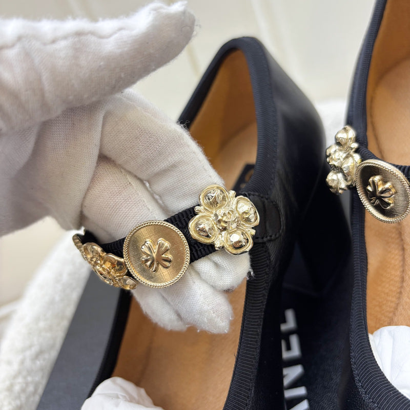 Chanel 24A Mary Janes with Gold Charms and Buckle in Black Lambskin and AGHW Sz 37.5