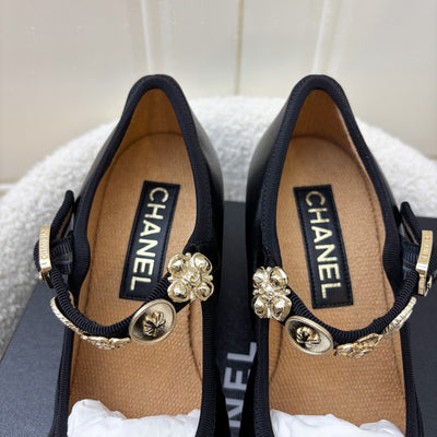 Chanel 24A Mary Janes with Gold Charms and Buckle in Black Lambskin and AGHW Sz 37.5