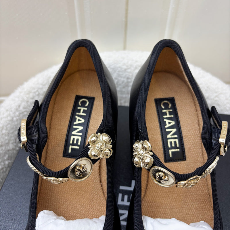Chanel 24A Mary Janes with Gold Charms and Buckle in Black Lambskin and AGHW Sz 37.5