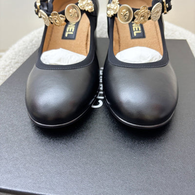 Chanel 24A Mary Janes with Gold Charms and Buckle in Black Lambskin and AGHW Sz 37.5