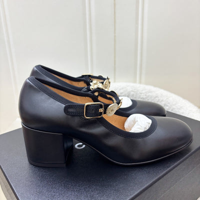 Chanel 24A Mary Janes with Gold Charms and Buckle in Black Lambskin and AGHW Sz 37.5