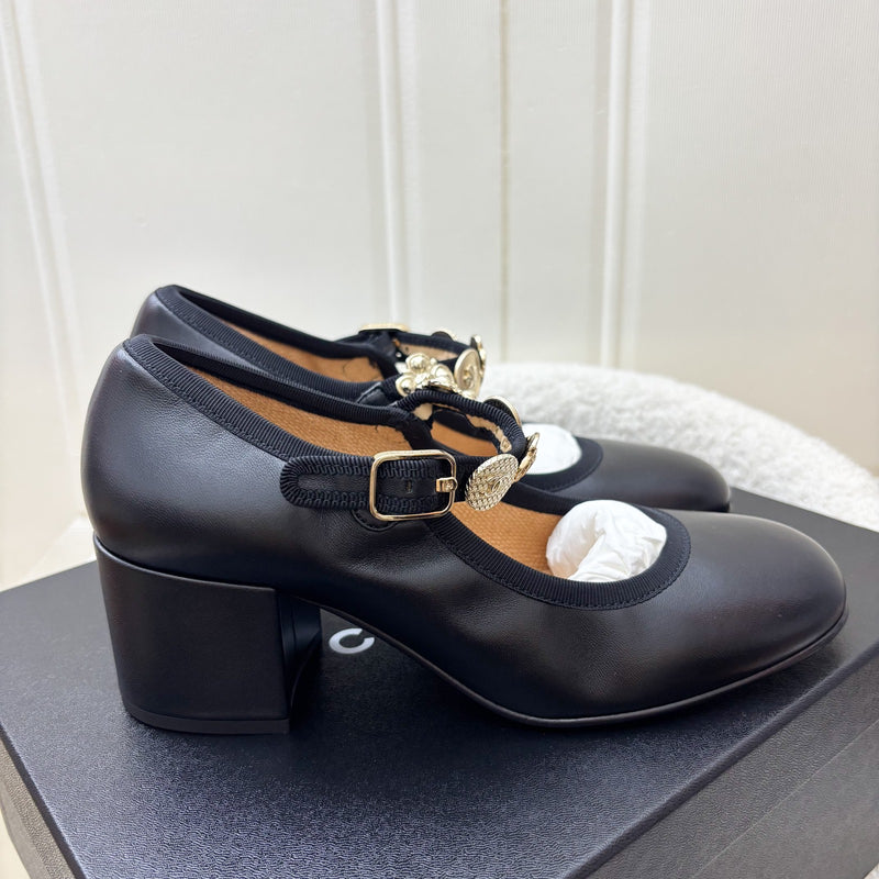 Chanel 24A Mary Janes with Gold Charms and Buckle in Black Lambskin and AGHW Sz 37.5