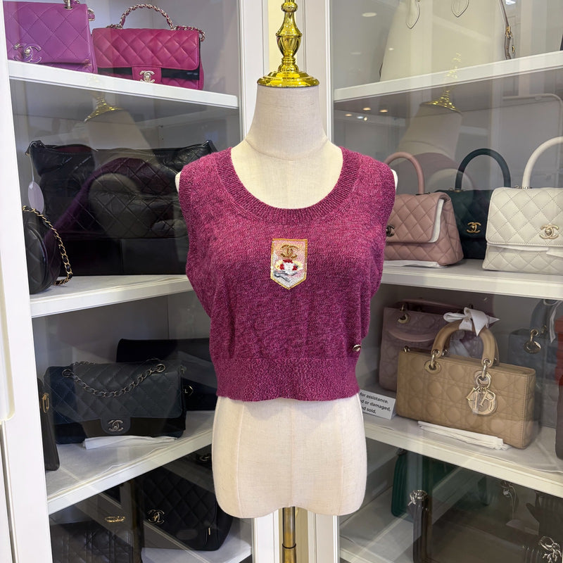 Chanel 24A Seasonal Vest with Embroidered CC Logo Crest in Dark Mauve Cashmere Sz 36