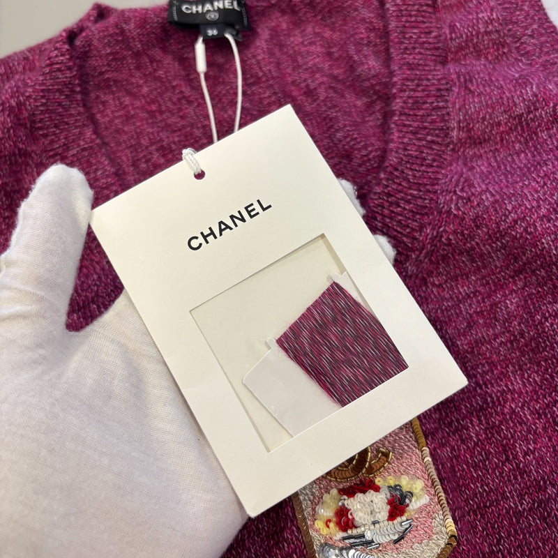 Chanel 24A Seasonal Vest with Embroidered CC Logo Crest in Dark Mauve Cashmere Sz 36