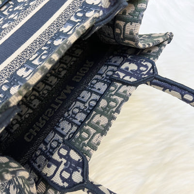 Dior Small Book Tote in Ecru and Blue Dior Oblique Embroidery Canvas