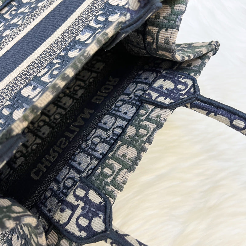 Dior Small Book Tote in Ecru and Blue Dior Oblique Embroidery Canvas