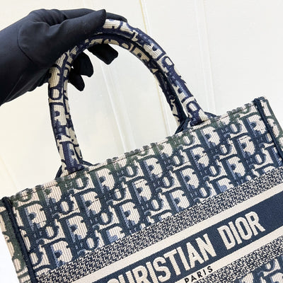 Dior Small Book Tote in Ecru and Blue Dior Oblique Embroidery Canvas