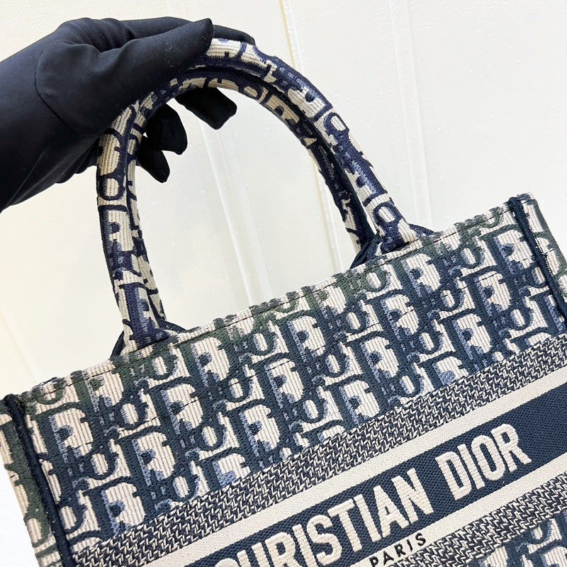 Dior Small Book Tote in Ecru and Blue Dior Oblique Embroidery Canvas