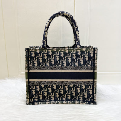 Dior Small Book Tote in Ecru and Blue Dior Oblique Embroidery Canvas