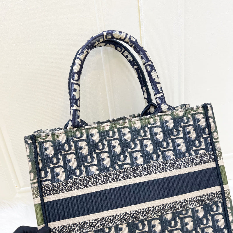 Dior Small Book Tote in Ecru and Blue Dior Oblique Embroidery Canvas