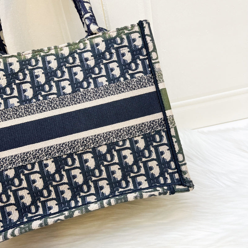 Dior Small Book Tote in Ecru and Blue Dior Oblique Embroidery Canvas