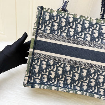 Dior Small Book Tote in Ecru and Blue Dior Oblique Embroidery Canvas