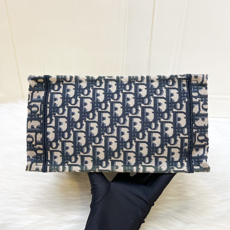 Dior Small Book Tote in Ecru and Blue Dior Oblique Embroidery Canvas