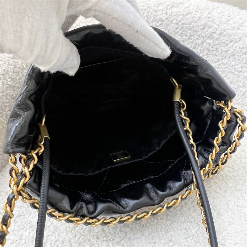 Chanel 22 Mini Hobo Handbag in Black Shiny Calfskin and AGHW