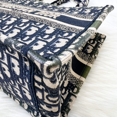 Dior Small Book Tote in Ecru and Blue Dior Oblique Embroidery Canvas