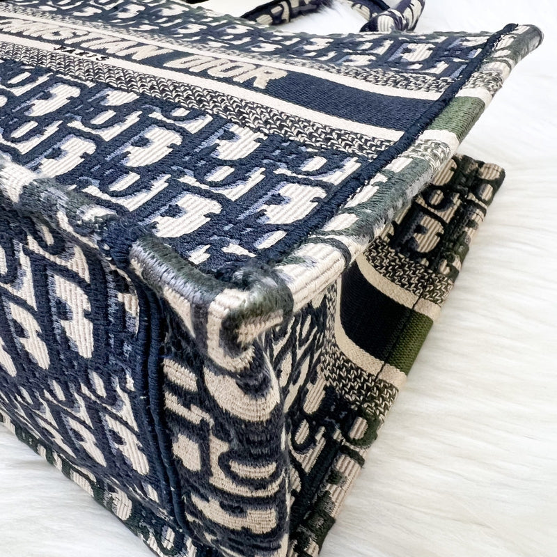 Dior Small Book Tote in Ecru and Blue Dior Oblique Embroidery Canvas