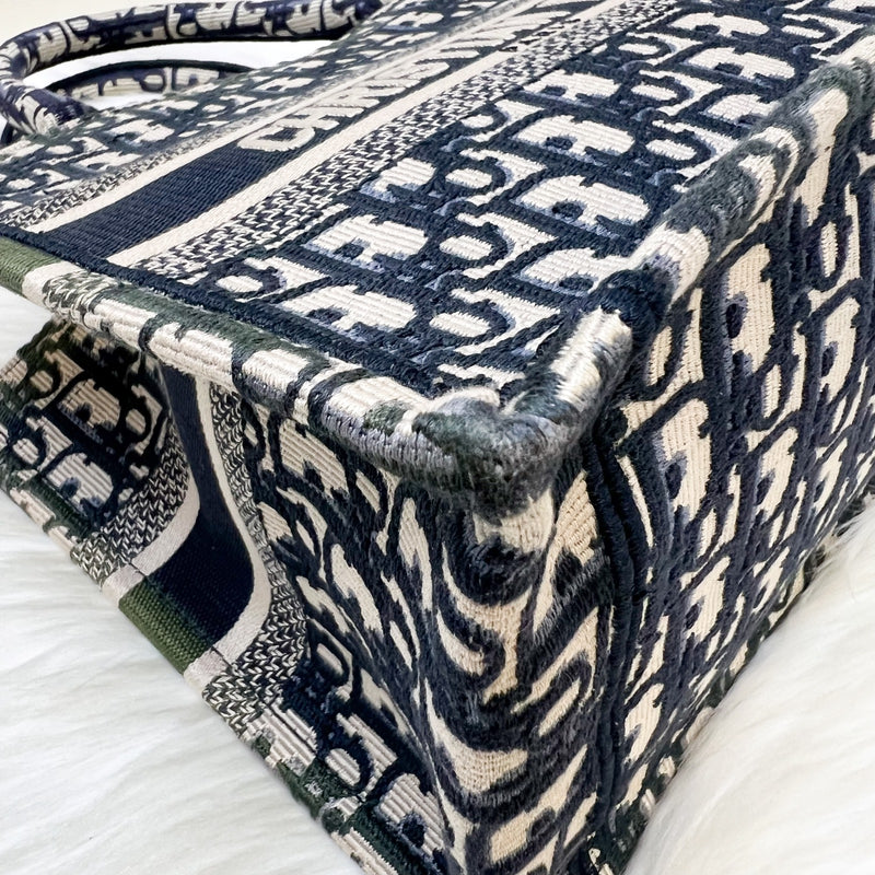 Dior Small Book Tote in Ecru and Blue Dior Oblique Embroidery Canvas