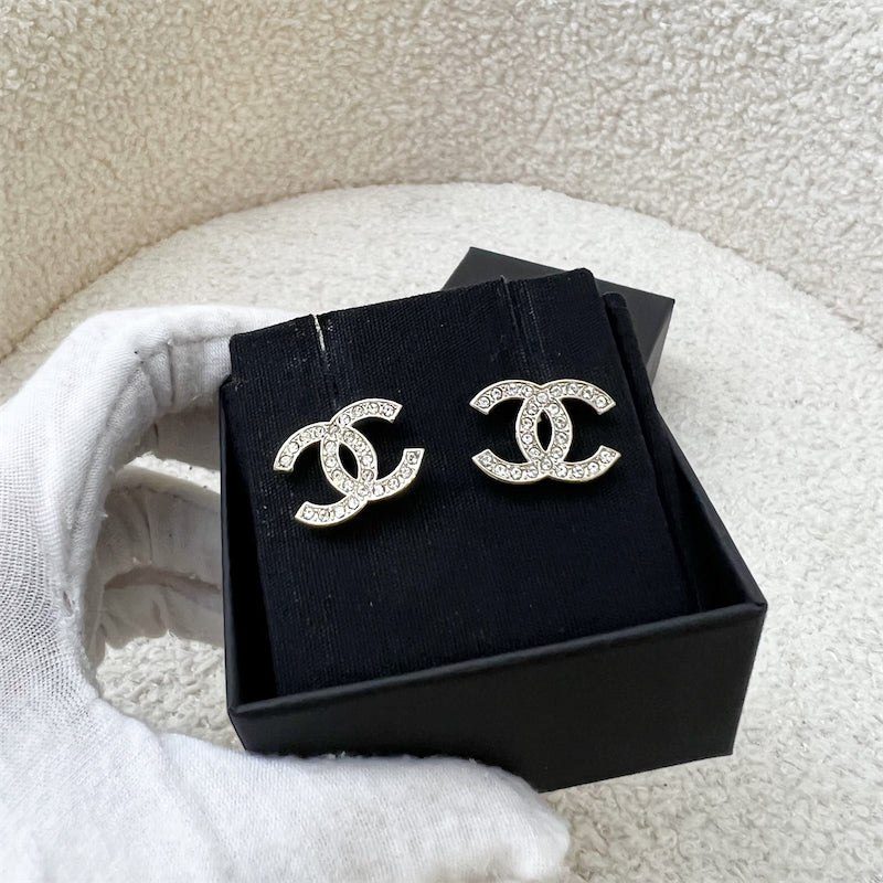 Chanel Classic CC Logo Earrings with Crystals in LGHW