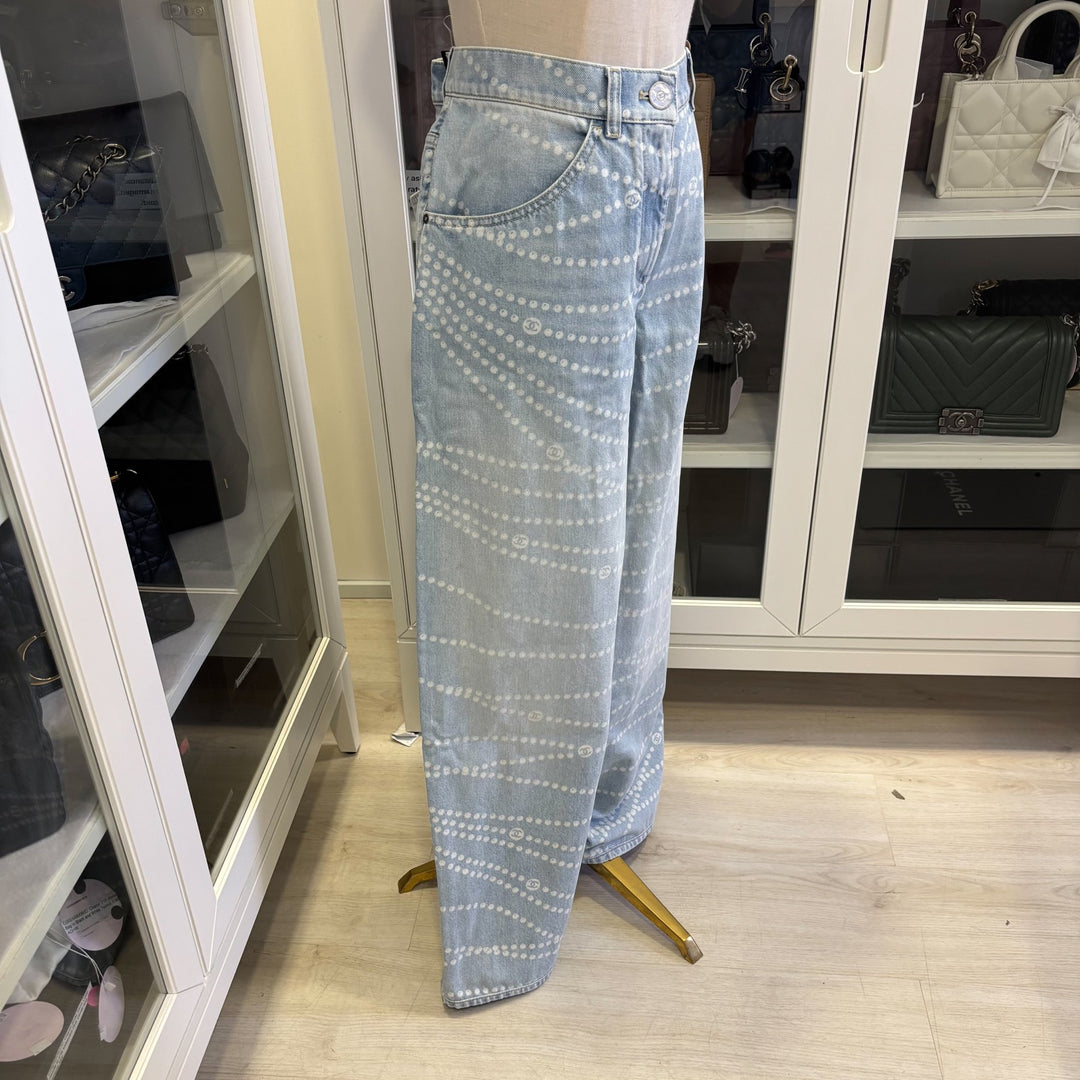 Chanel Washed Light Denim Jeans with Pearl Chain Print in