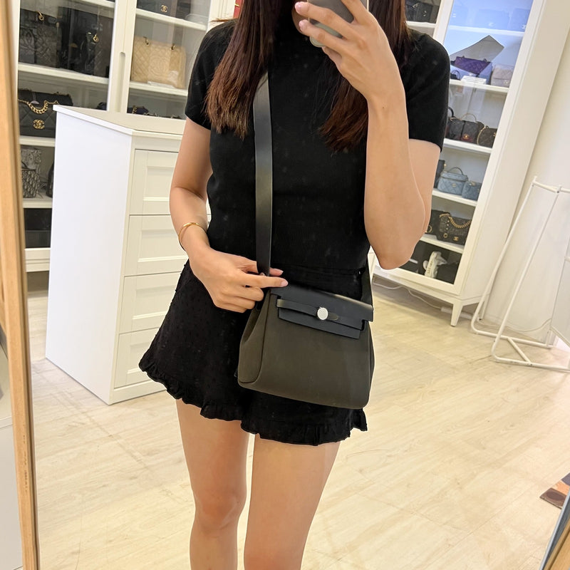 Hermes Mini Herbag Retourne in Dark Bronze Toile Militaire Canvas, Noir Black Leather and PHW