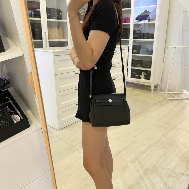 Hermes Mini Herbag Retourne in Dark Bronze Toile Militaire Canvas, Noir Black Leather and PHW