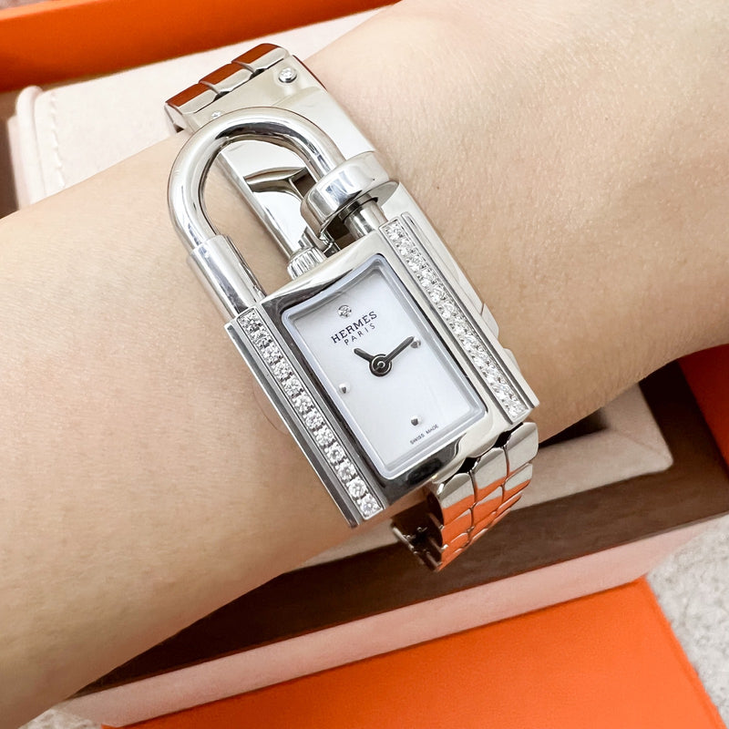 Hermes Mini Model Kelly Watch in Stainless Steel and Diamond-set Spangled White Dial (Model: W056306WW00)