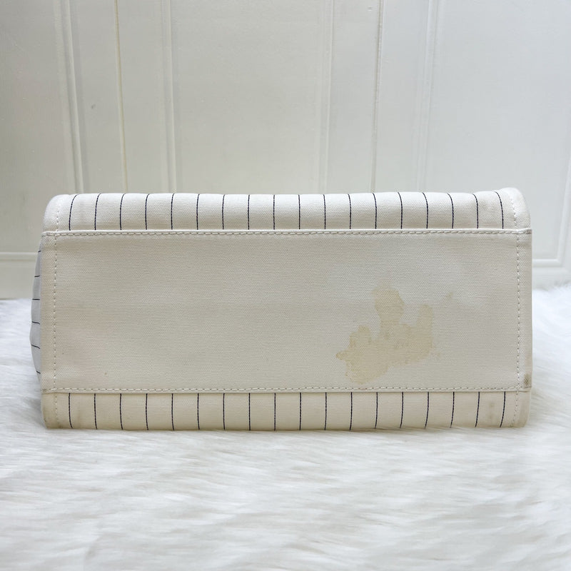 Chanel Medium / Large Deauville Tote in White Striped Fabric and LGHW