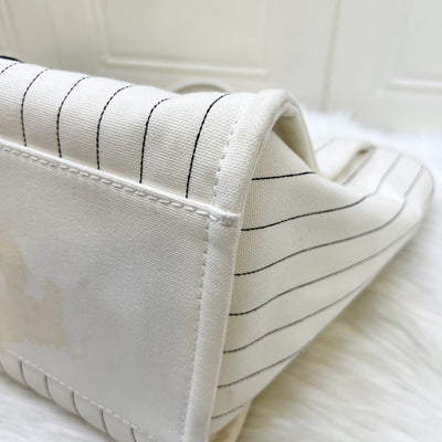 Chanel Medium / Large Deauville Tote in White Striped Fabric and LGHW