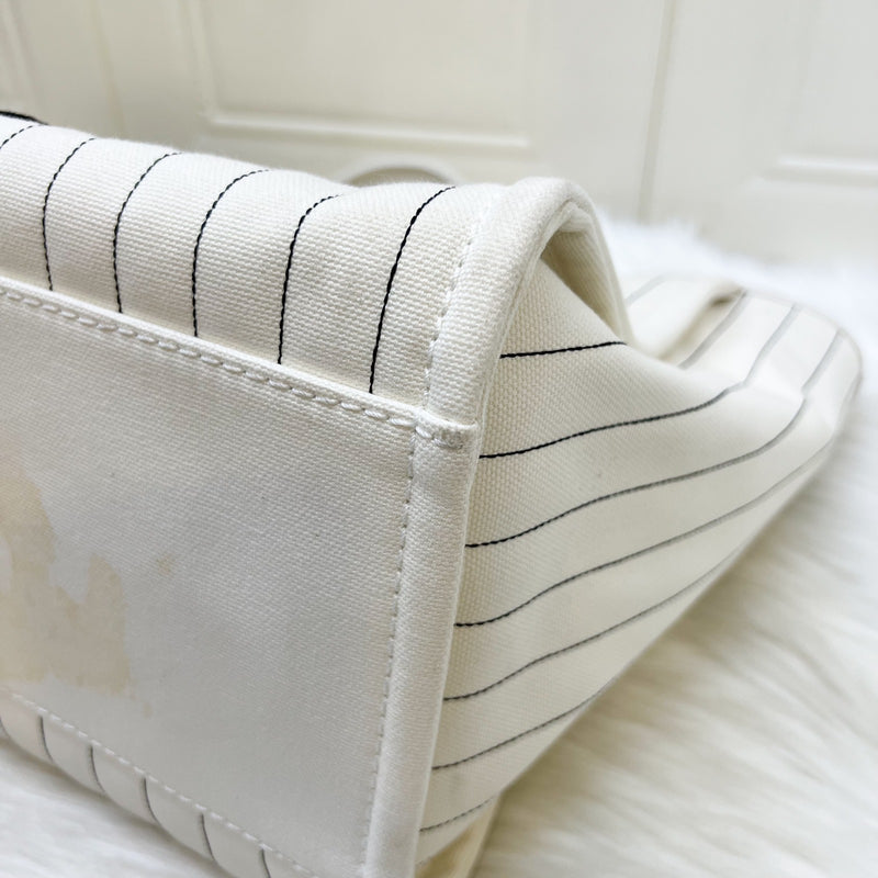 Chanel Medium / Large Deauville Tote in White Striped Fabric and LGHW