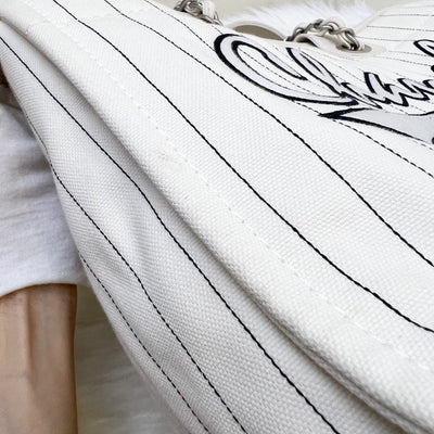 Chanel Medium / Large Deauville Tote in White Striped Fabric and LGHW