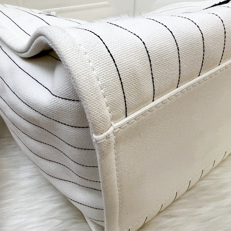 Chanel Medium / Large Deauville Tote in White Striped Fabric and LGHW