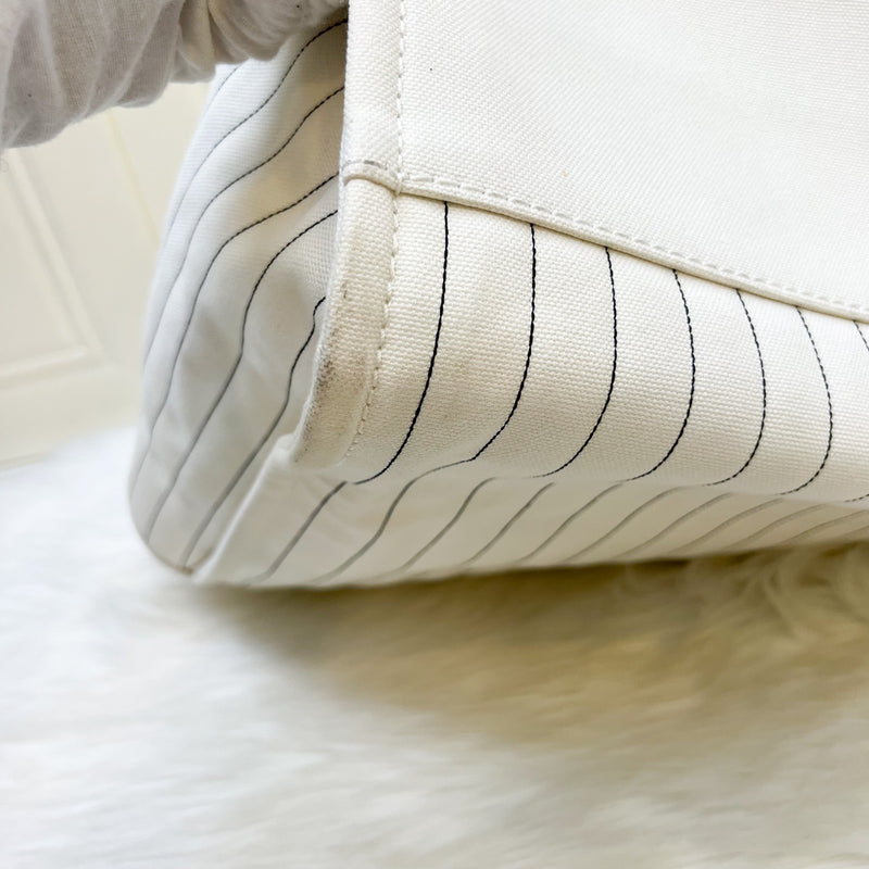 Chanel Medium / Large Deauville Tote in White Striped Fabric and LGHW
