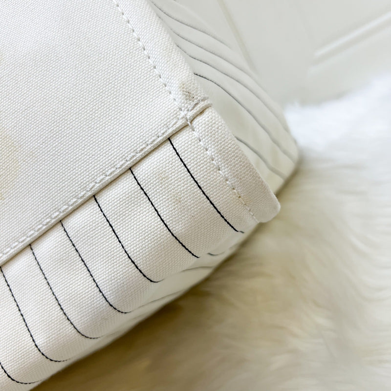 Chanel Medium / Large Deauville Tote in White Striped Fabric and LGHW