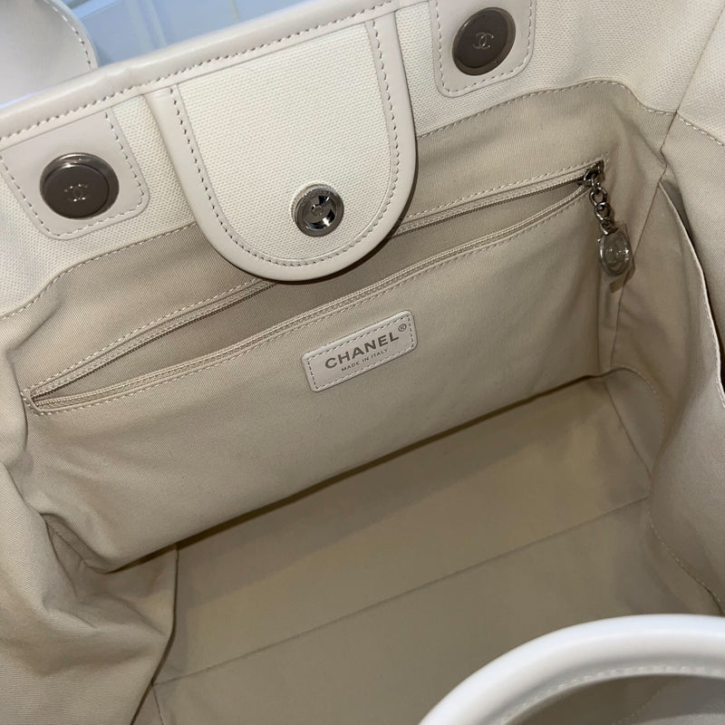 Chanel Medium / Large Deauville Tote in White Striped Fabric and LGHW