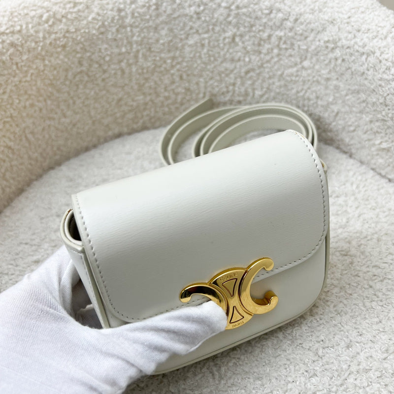 Celine Triomphe Mini Claude Flap Bag in Off White Shiny Calfskin and GHW