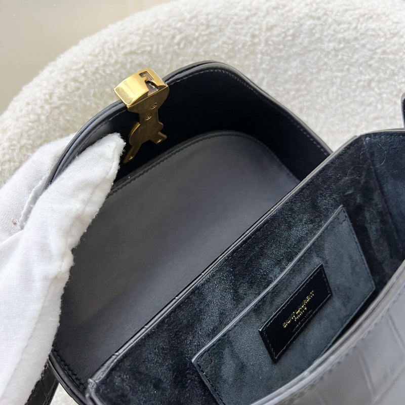 Saint Laurent June Box Bag in Black Crocodile-Embossed Leather and AGHW
