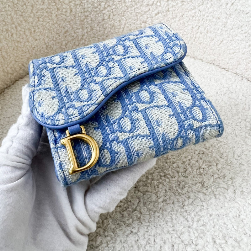 Dior Saddle Compact Wallet in Light Blue Oblique Canvas and AGHW