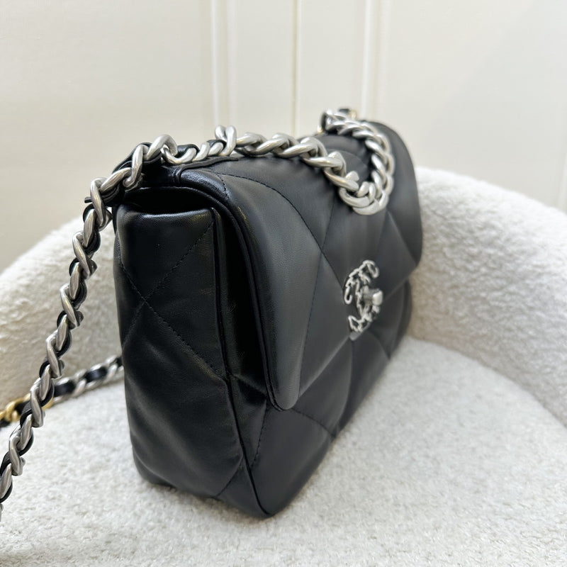 [Brand New] Chanel 19 Small Flap in Black Lambskin and 3-tone Hardware, Silver Turnlock (Model: AS1160)
