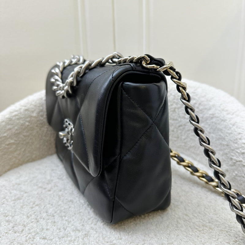 [Brand New] Chanel 19 Small Flap in Black Lambskin and 3-tone Hardware, Silver Turnlock (Model: AS1160)
