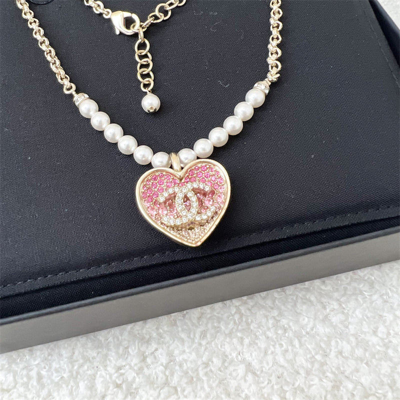 Chanel 23P Heart Necklace with Pink Ombre Crystals and Pearls