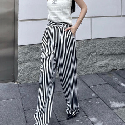 Chanel Pinstripe Long Pants with CC Mini Crystals Sz 36 (Model: P76233)