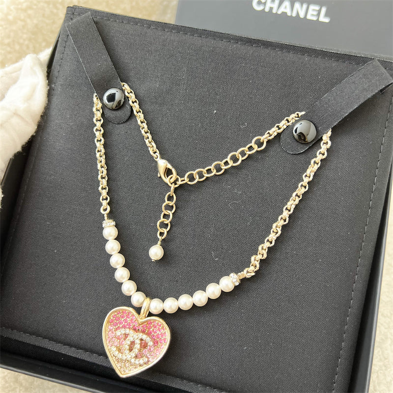 Chanel 23P Heart Necklace with Pink Ombre Crystals and Pearls