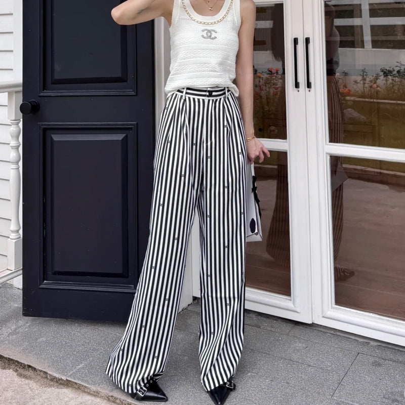 Chanel Pinstripe Long Pants with CC Mini Crystals Sz 36 (Model: P76233)