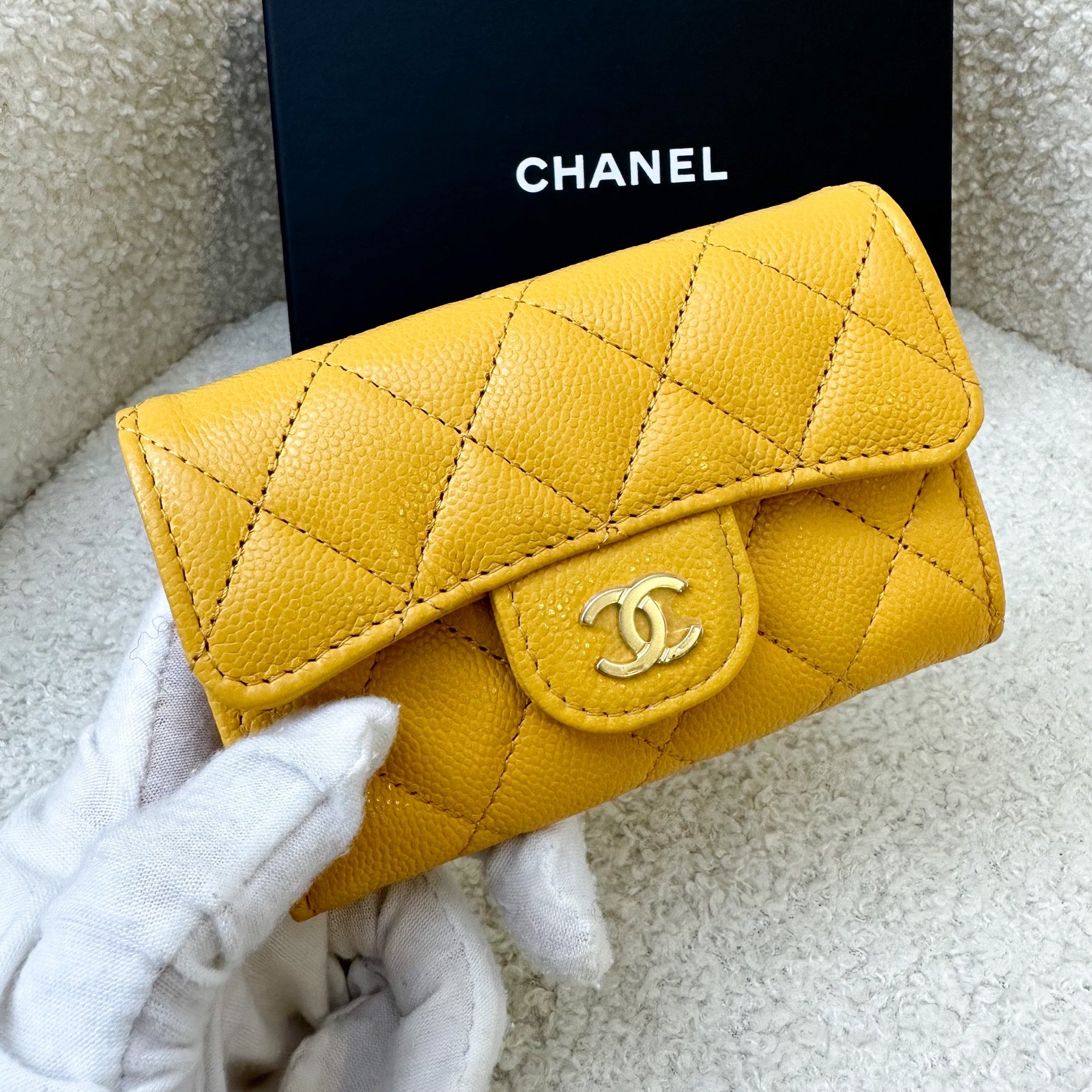 Chanel Classic Snap Card Holder in Mustard Yellow Caviar LGHW – Brands Lover