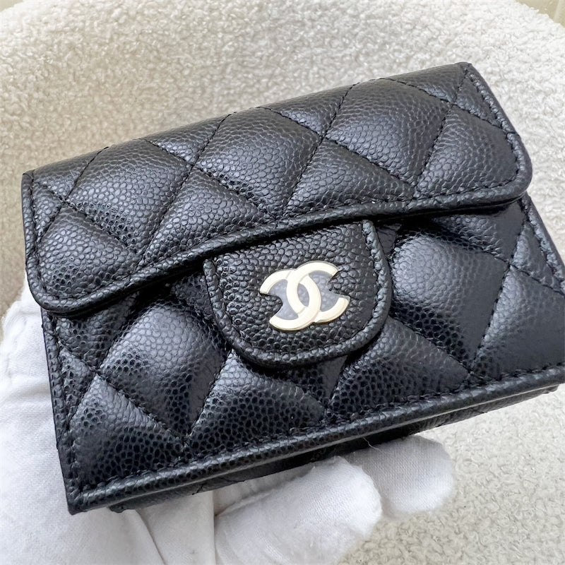 Chanel Trifold Small Compact Wallet in Black Caviar and LGHW